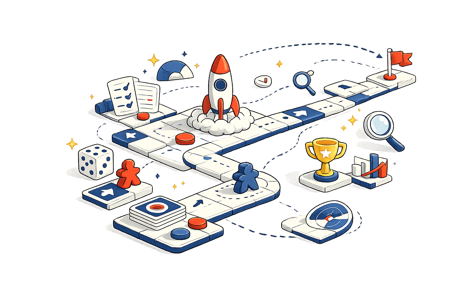 Ilustración de un recorrido estratégico que integra juego, objetivos, métricas y trabajo en equipo